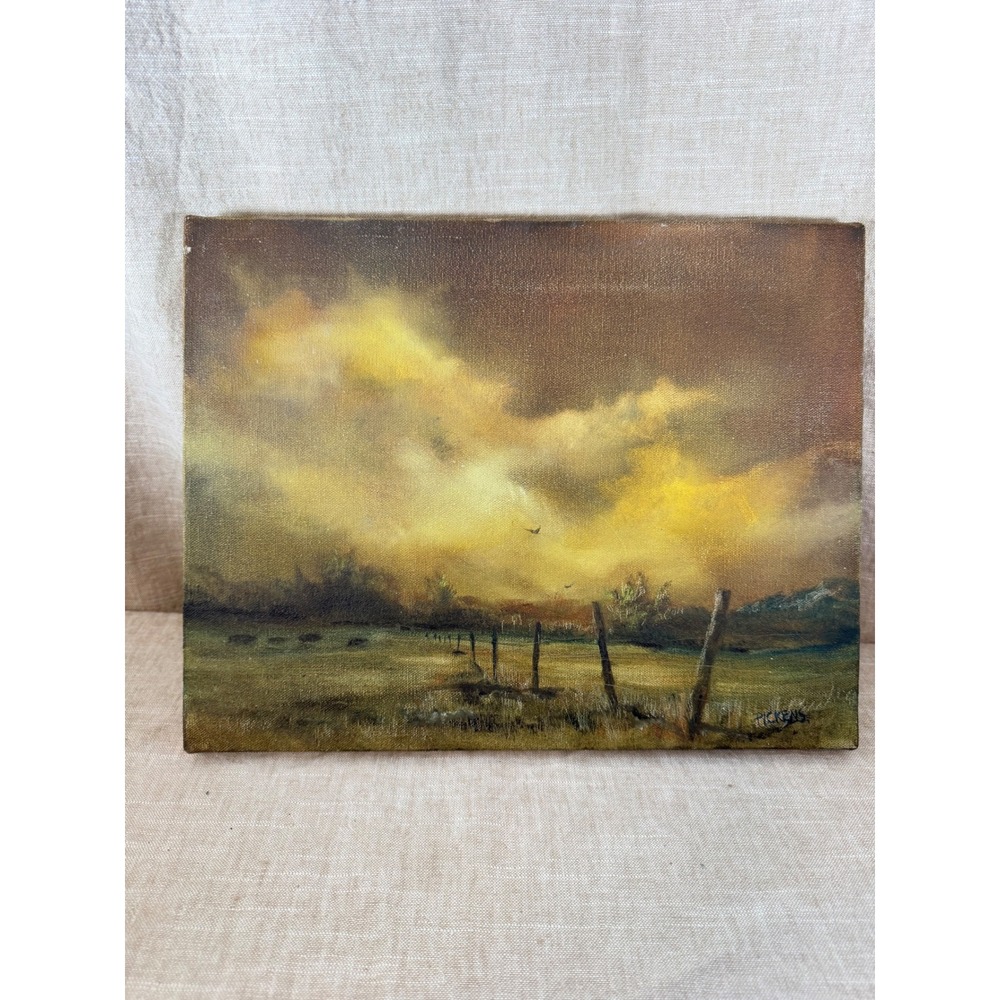 Pickens Signed Original Oil Painting Rural Landscape Fence Gold Sky Tonalist